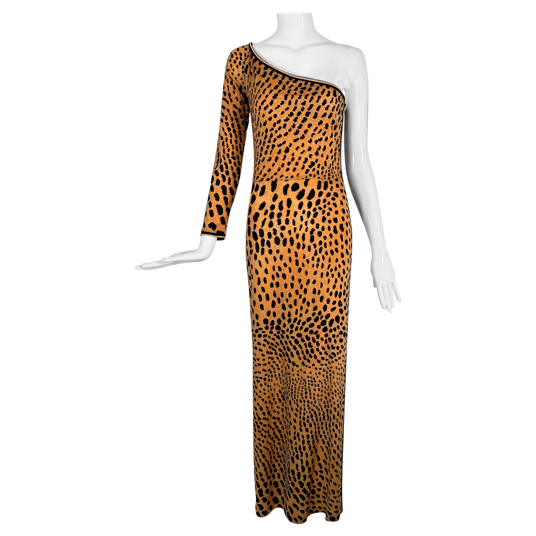 Leonard Paris Leopard Print Silk Jersey One Shoulder Side Vent Maxi Dress