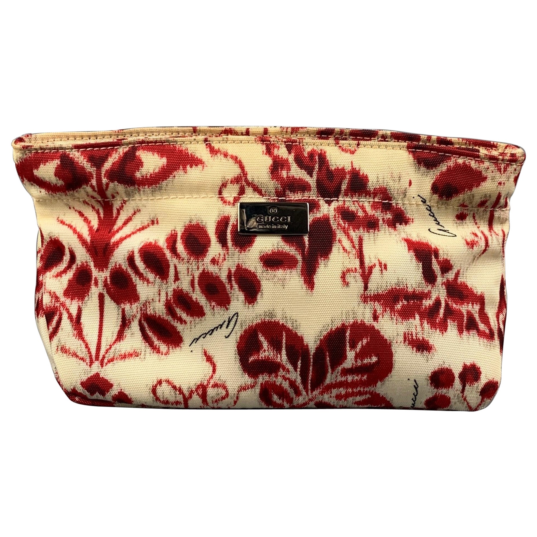 GUCCI by TOM FORD SS 2000 Red Beige Abstract Floral Canvas Toiletry Pouch Bag For Sale