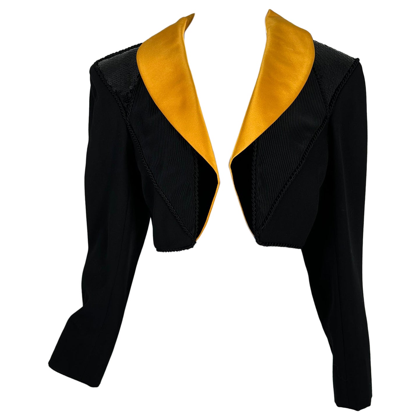 Yves Saint Laurent Rive Gauche Black Sequin Yellow Satin Cropped Jacket 1990s For Sale