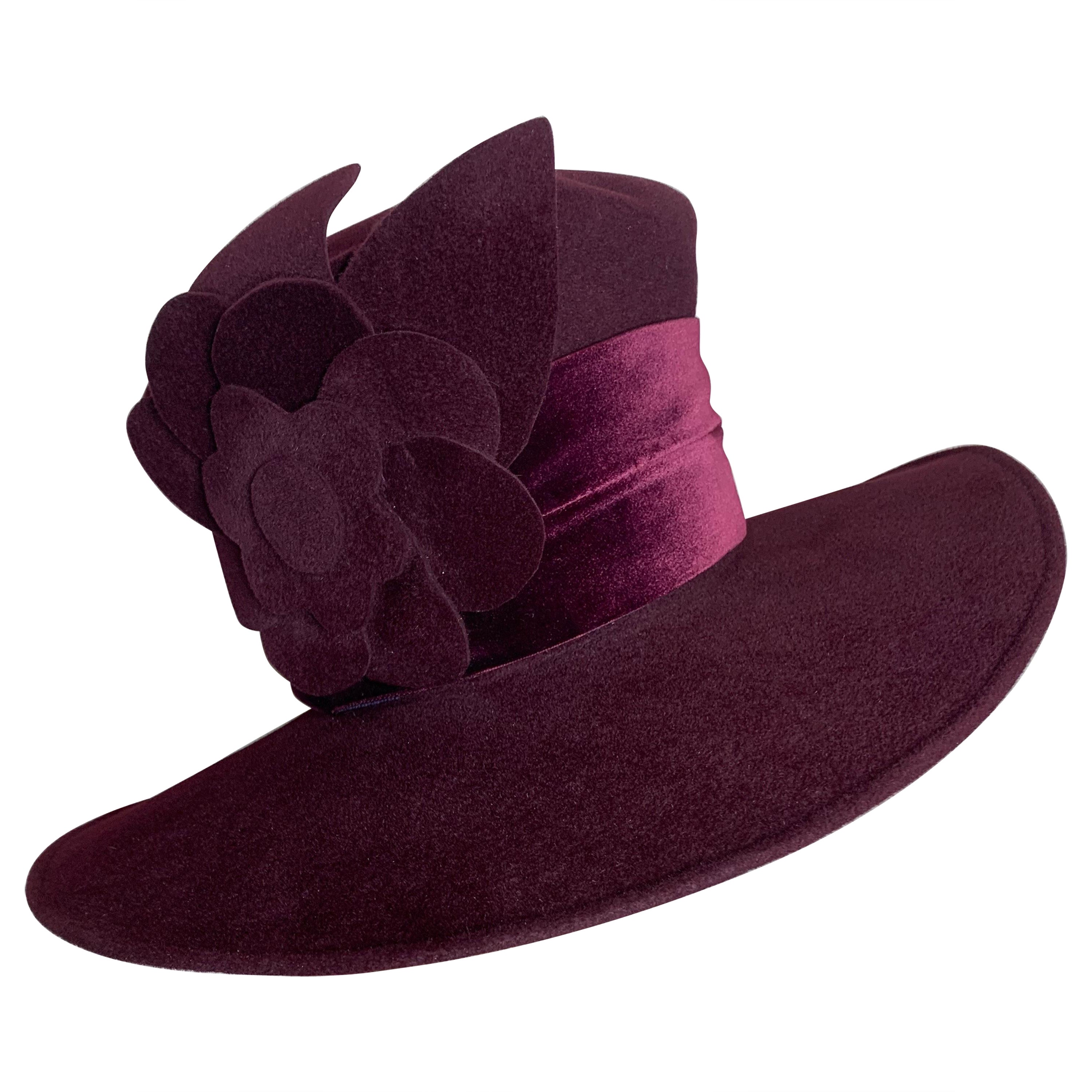 Maison Michel Aubergine Medium Brim Felt Hat with Matching Flower & Velvet Band For Sale