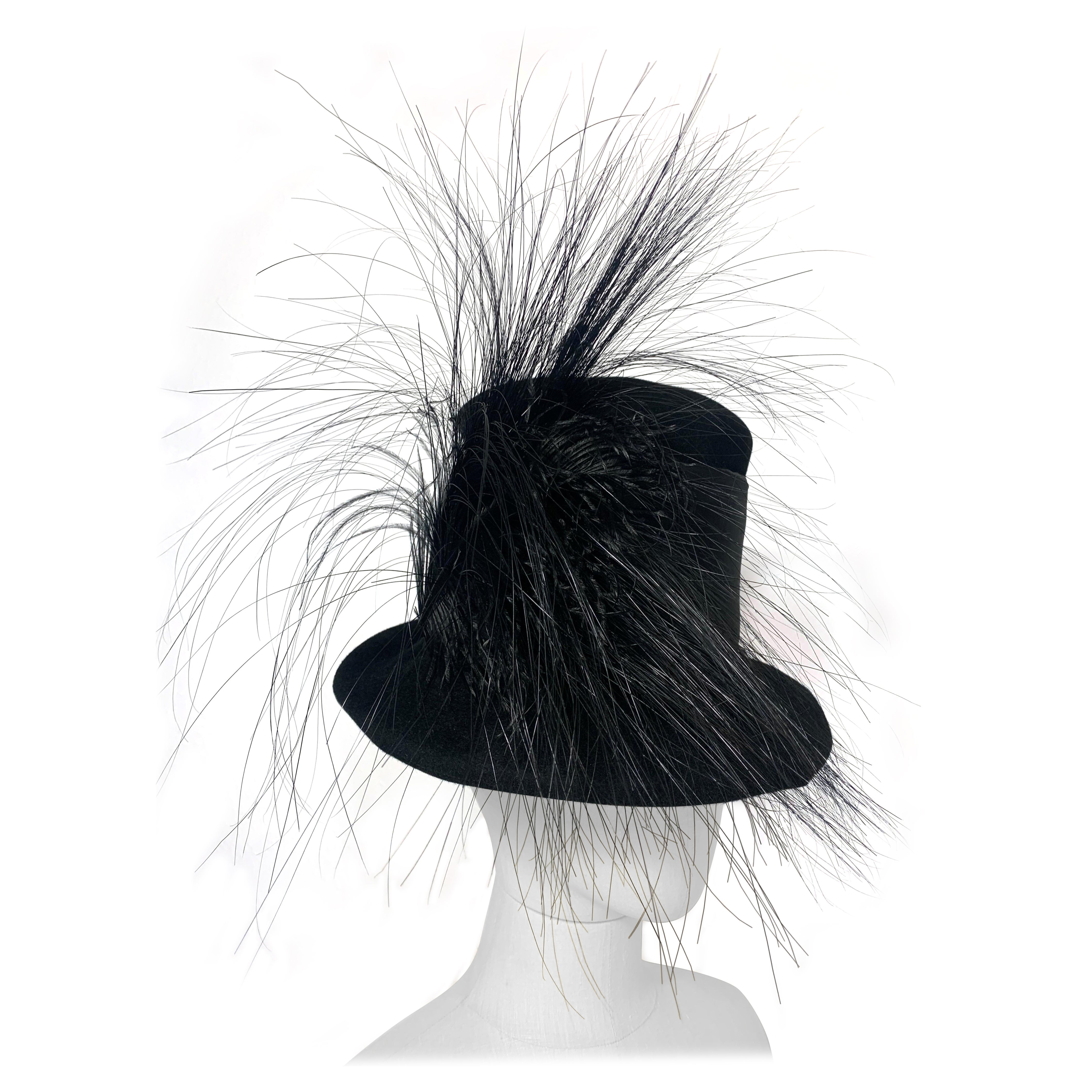 Maison Michel Black Fur Felt Short-Brim Tall Crown Hat w Extravagant Feathers  For Sale