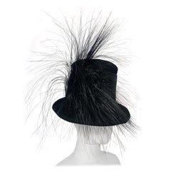 Maison Michel Black Fur Felt Short-Brim Tall Crown Hat w Extravagant Feathers 