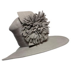 Used Maison Michel Dove Grey Felt High Top Hat w Matching Flower and Grosgrain Band