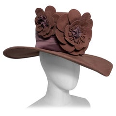 Used Maison Michel Mauve Wool Felt High Top Hat w Matching Flowers & Ribbon Band