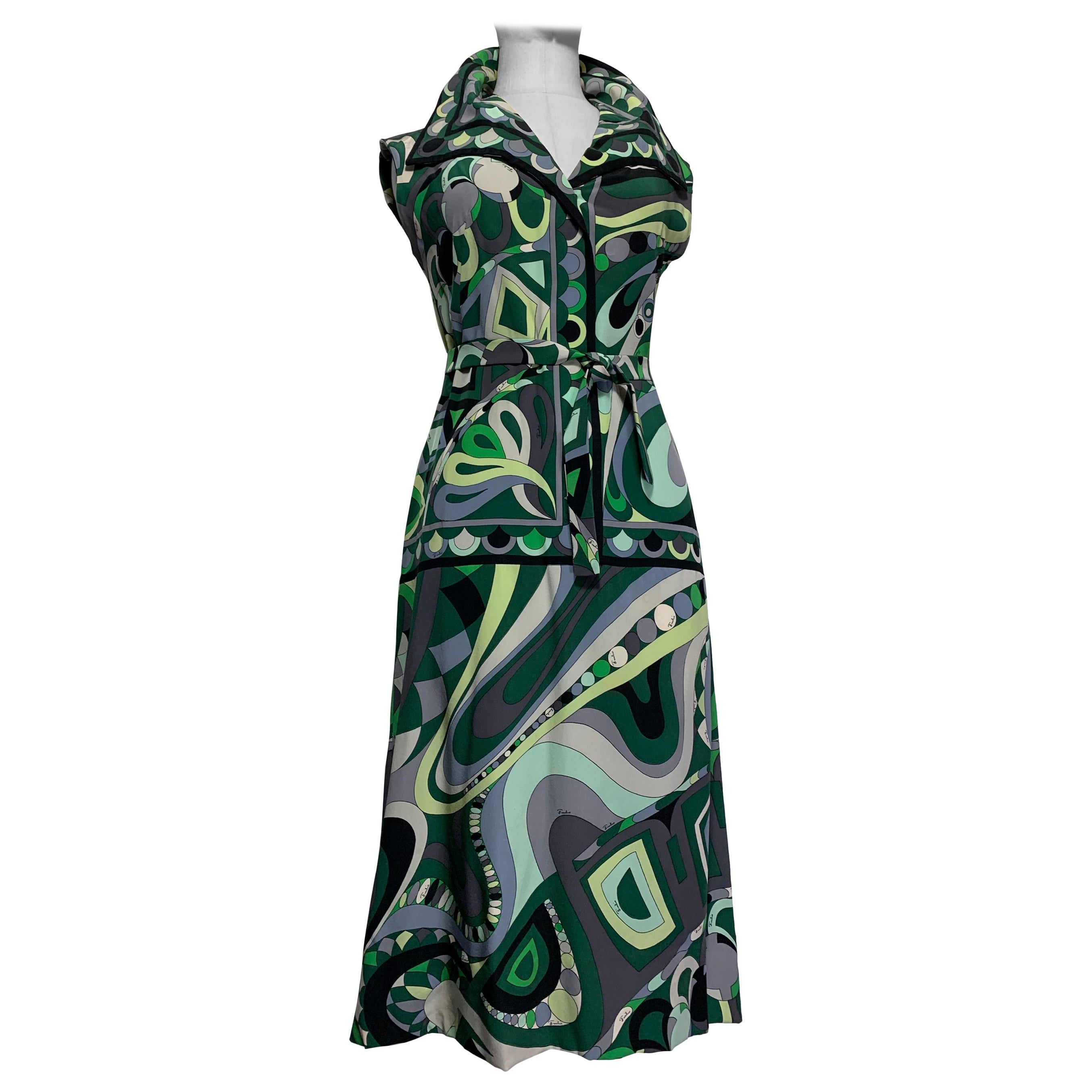 1960s Emilio Pucci Mod Print Silk Day Dress in Greens Black & Gray w Wide Collar For Sale