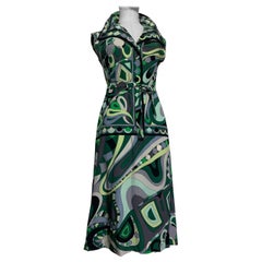 1960s Emilio Pucci Mod Print Silk Day Dress in Greens Black & Gray w Wide Collar