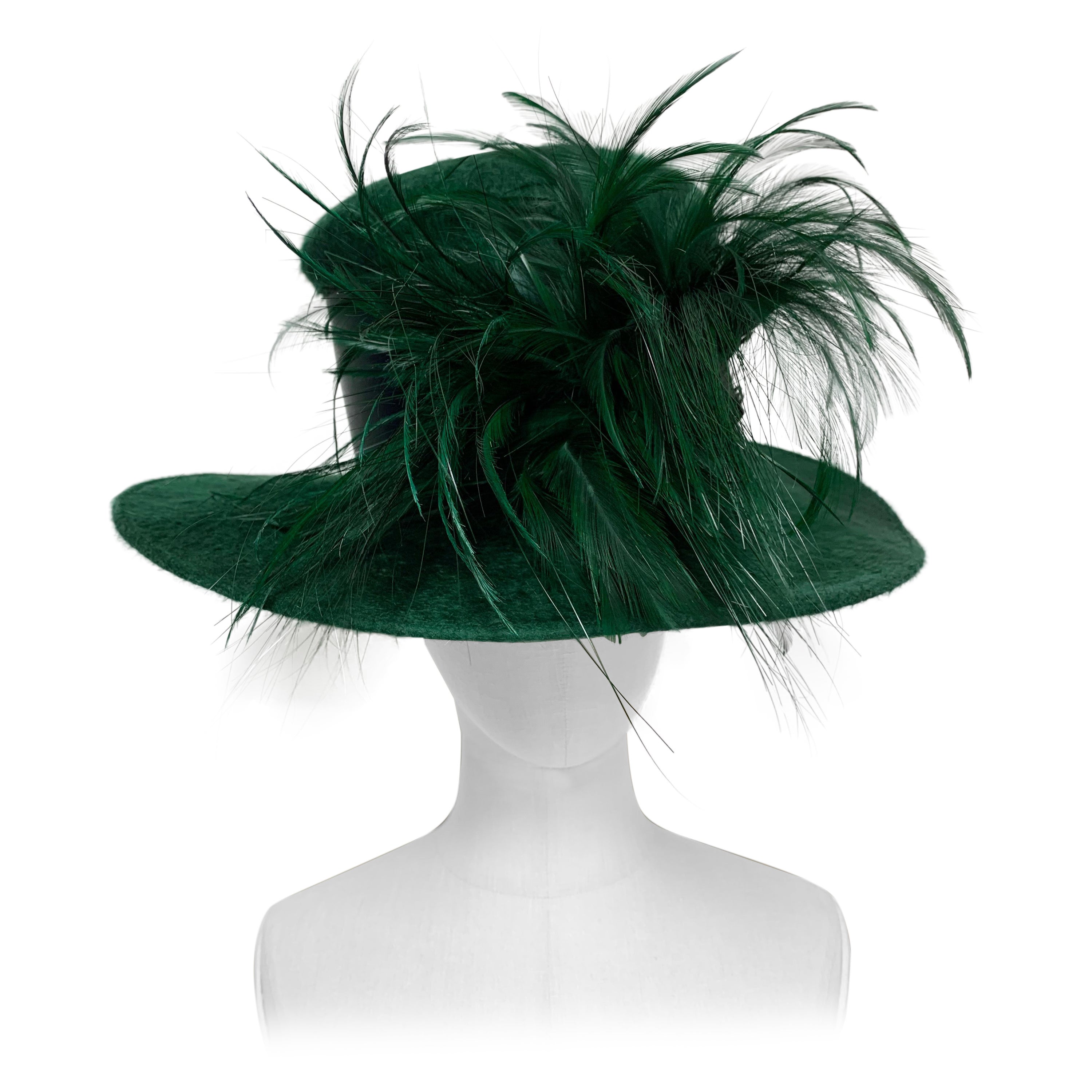 Maison Michel Forest Green Fur Felt Tall Top Hat w Feathers & Grosgrain Band For Sale