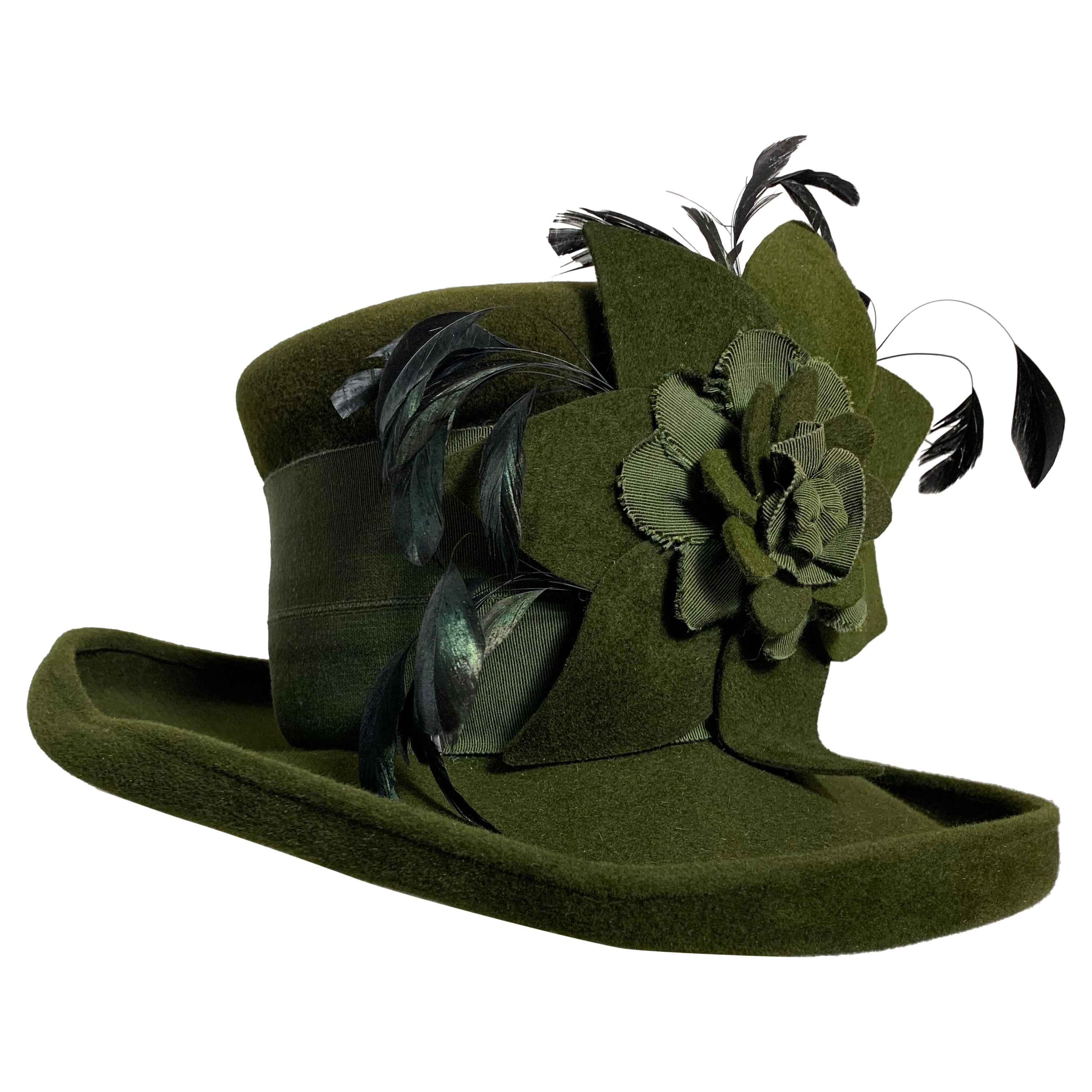 Maison Michel Olive Green Turned Brim Tall Top Hat w Flower Feathers & Grosgrain For Sale