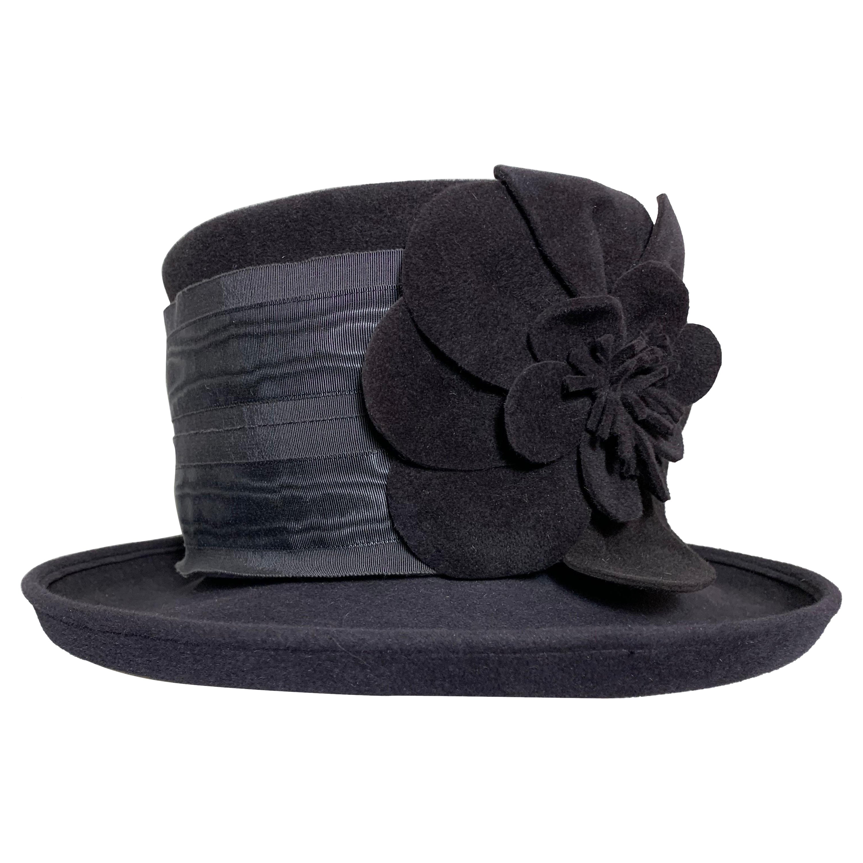 Maison Michel Charcoal Short Brim Tall Crown Fur Felt Hat w Flower & Moiré Band For Sale