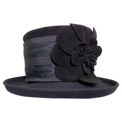 Used Maison Michel Charcoal Short Brim Tall Crown Fur Felt Hat w Flower & Moiré Band