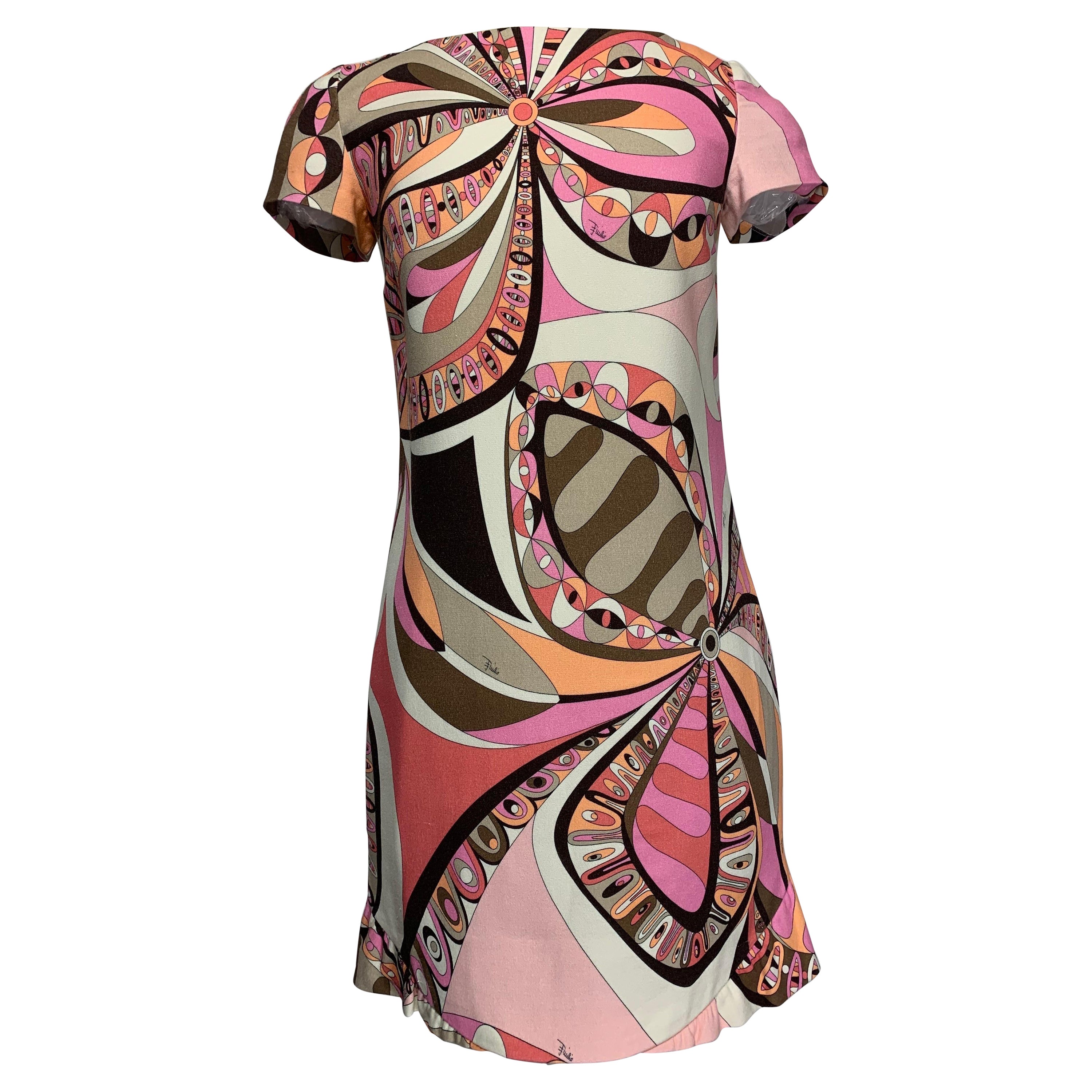 Contemporary Emilio Pucci Mod-Style Short-Sleeved Day Dress in Taupe Pink Print For Sale