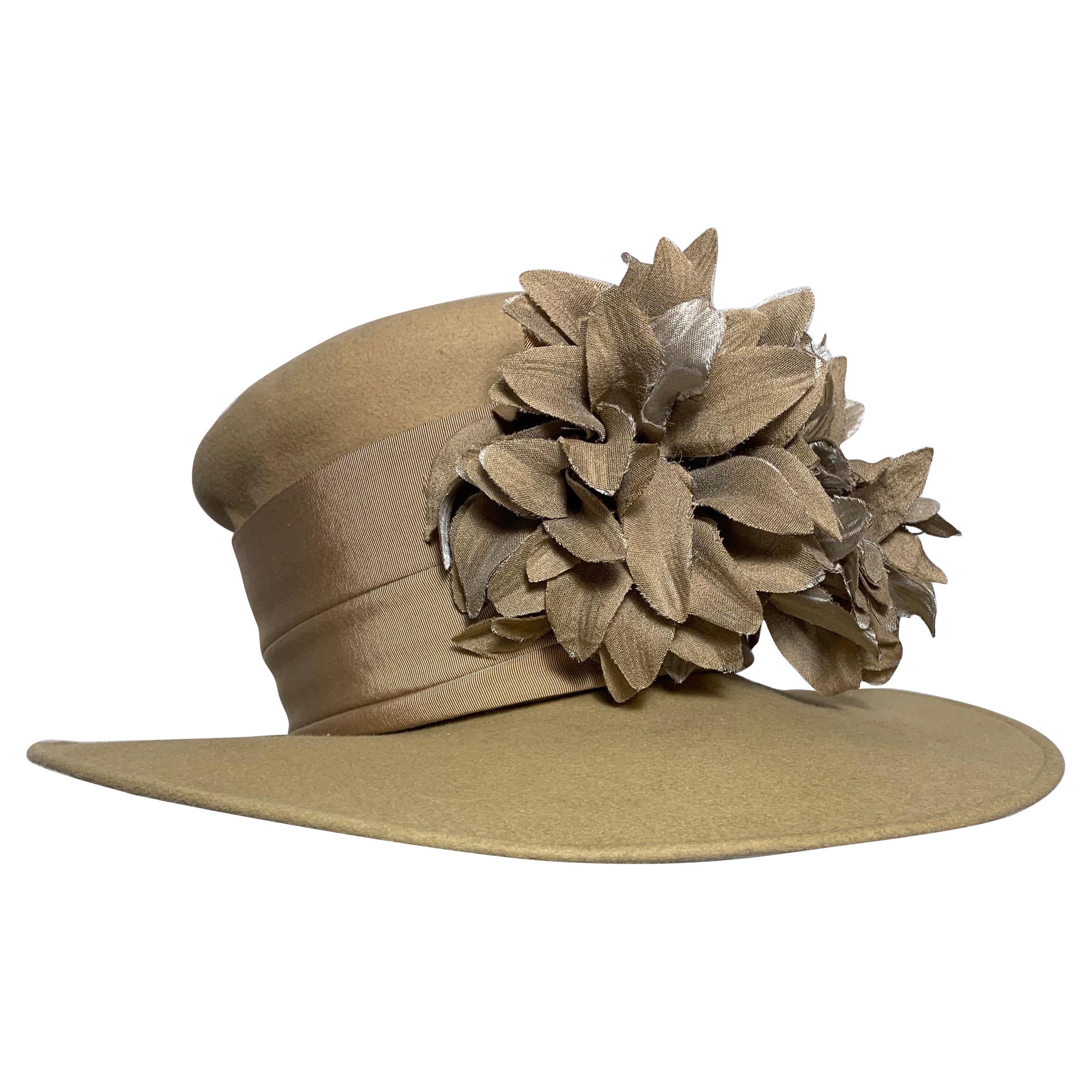 Maison Michel Fawn Wool Felt High Top Hat w Matching Flower & Wide Grosgrain For Sale