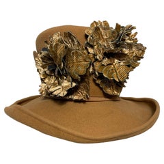 Used Maison Michel Brimmed Caramel Felt High Top Hat w Silk Leaves & Scalloped Band