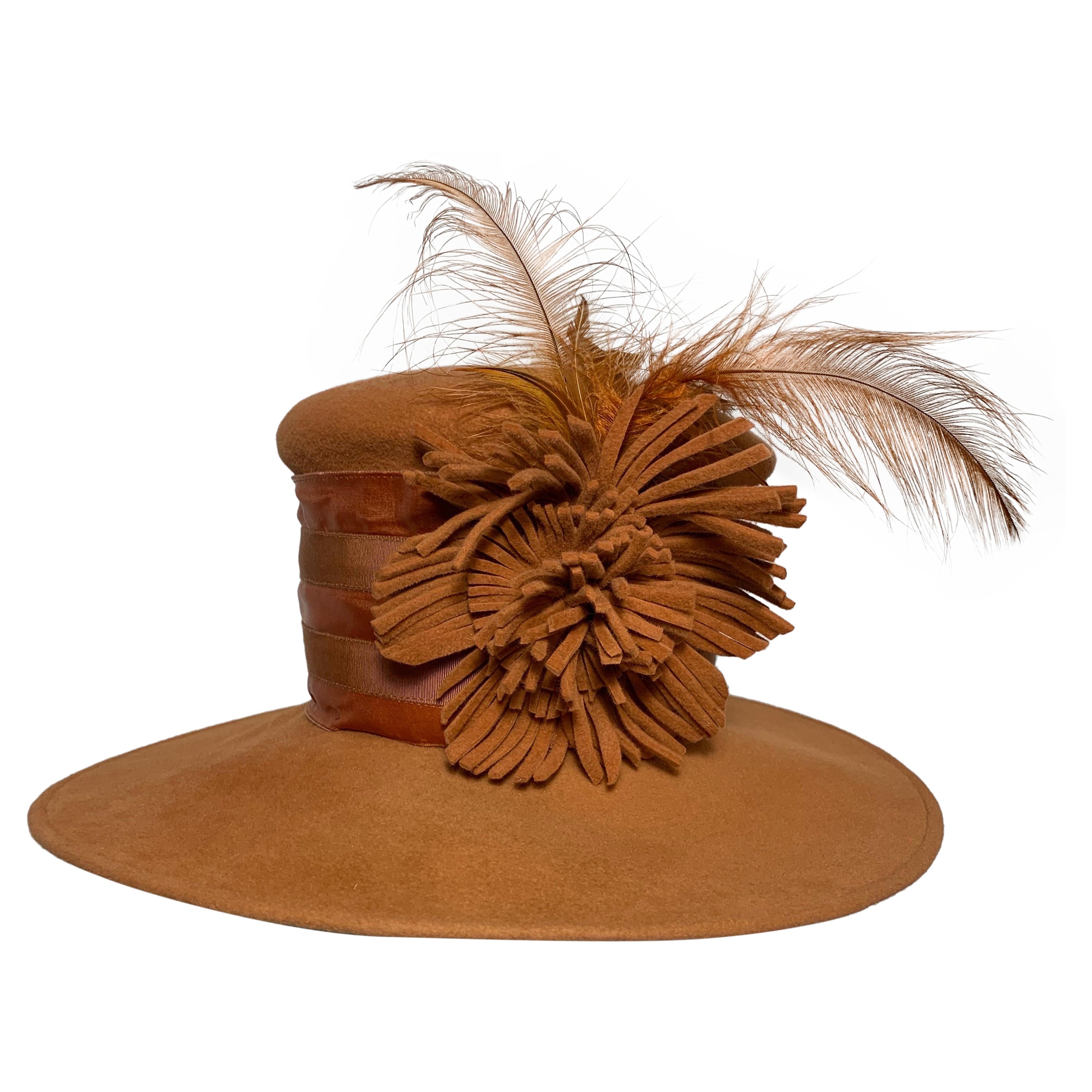 Maison Michel Medium Brim Copper Felt Hat with Feather Flower & Grosgrain Band For Sale