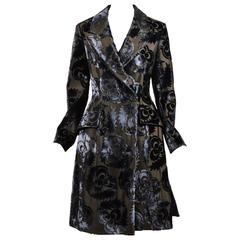 Prada NWT Runway Dark Olive Green Gray Silk Velvet Floral LS Trench Coat Size 42