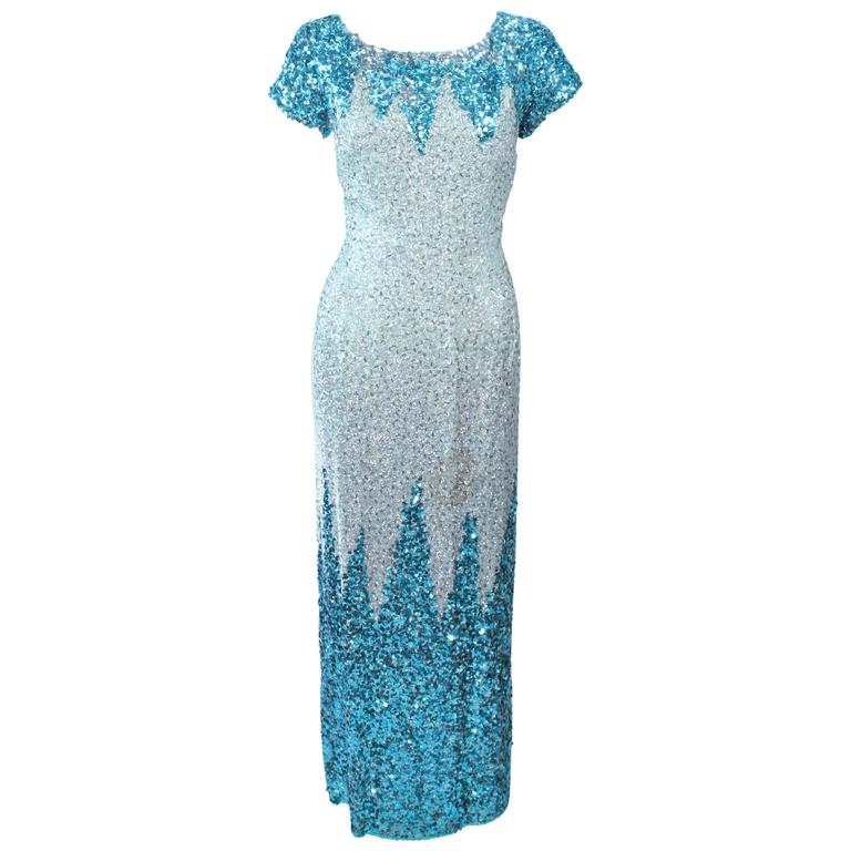Vintage 1950's Aqua Sequin Cocktail Gown Size 8 10 For Sale at 1stDibs