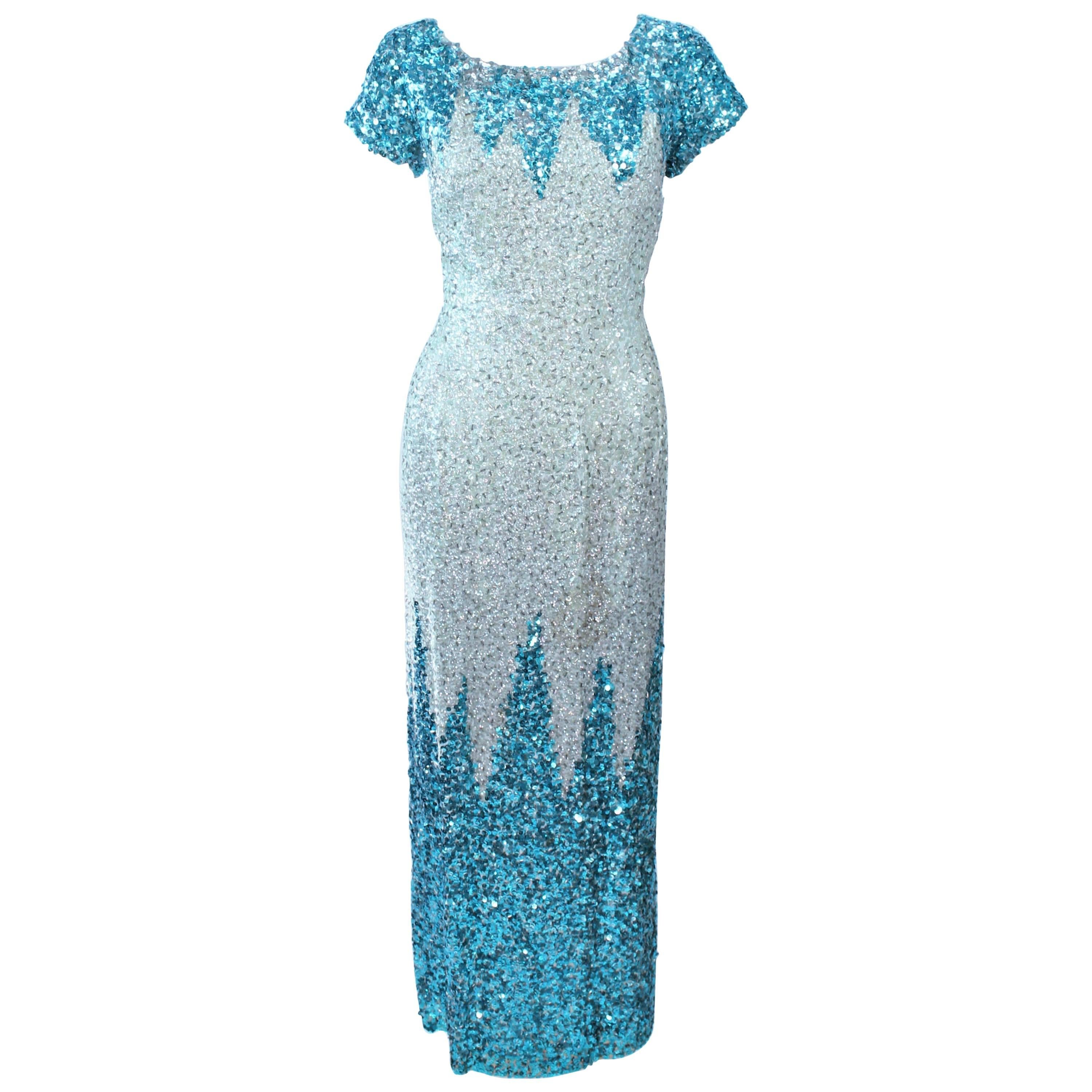 Vintage 1950's Aqua Sequin Cocktail Gown Size 8 10 For Sale