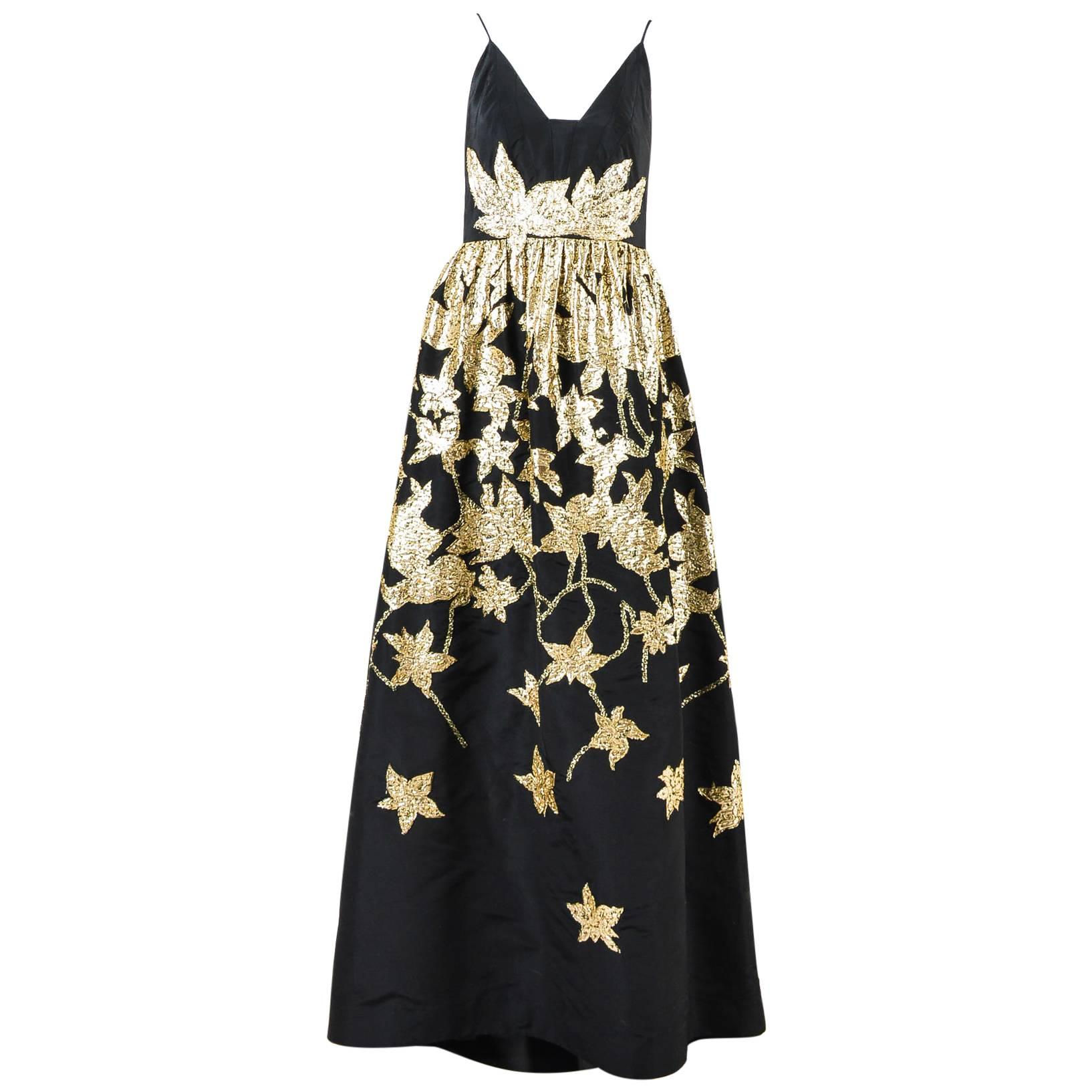 Oscar de la Renta F08 Black & Metallic Gold Silk Beaded Applique Gown Size 10