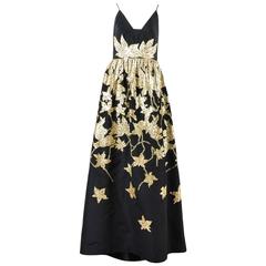 Oscar de la Renta F08 Black & Metallic Gold Silk Beaded Applique Gown Size 10
