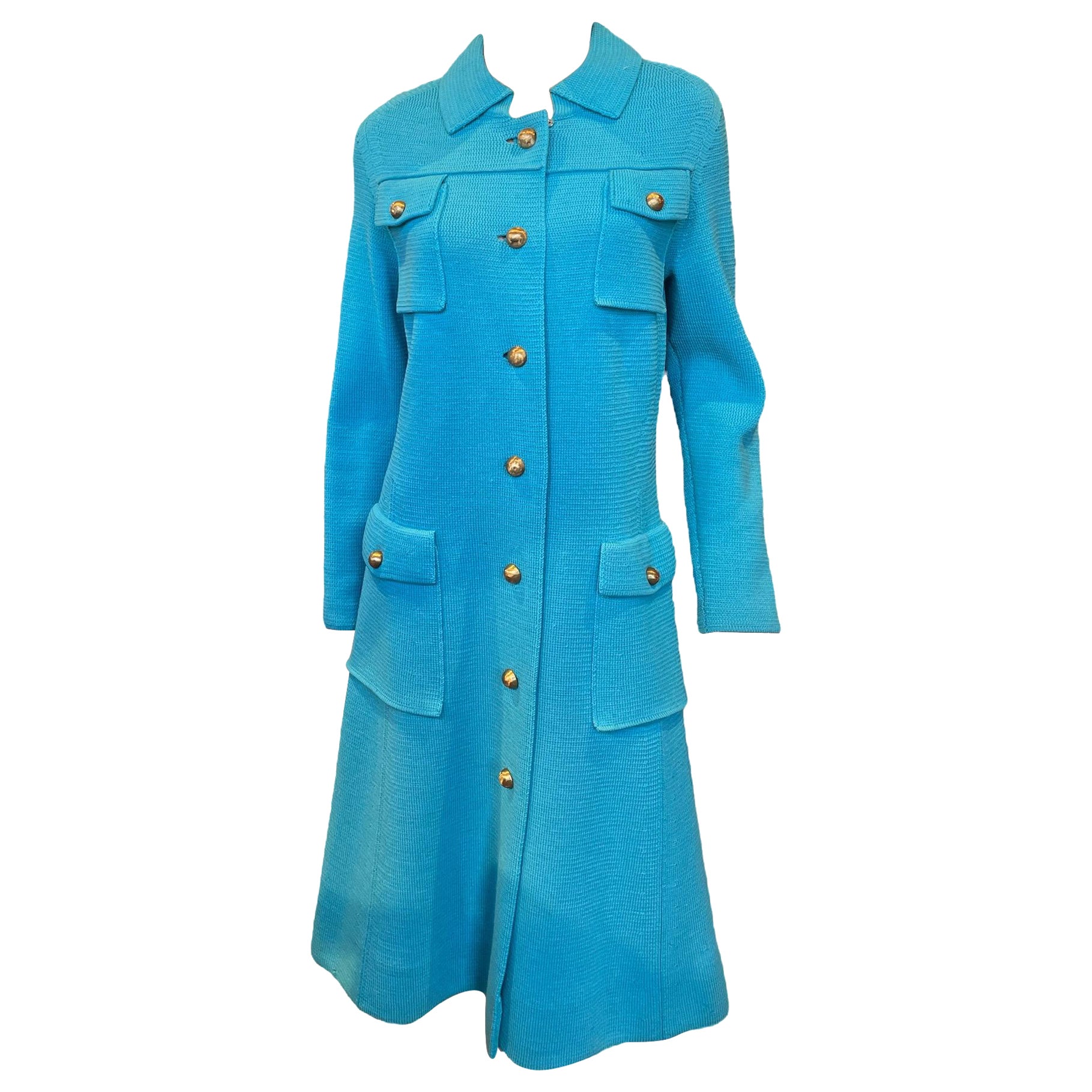 1960s Albertina Roma Turquoise Long Sweater Coat With Gold Buttons For Sale