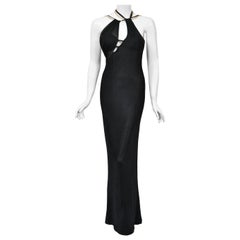 1998 Versace Couture Black Stretch Knit & Sheer Silk Cut-Out Hourglass Gown 