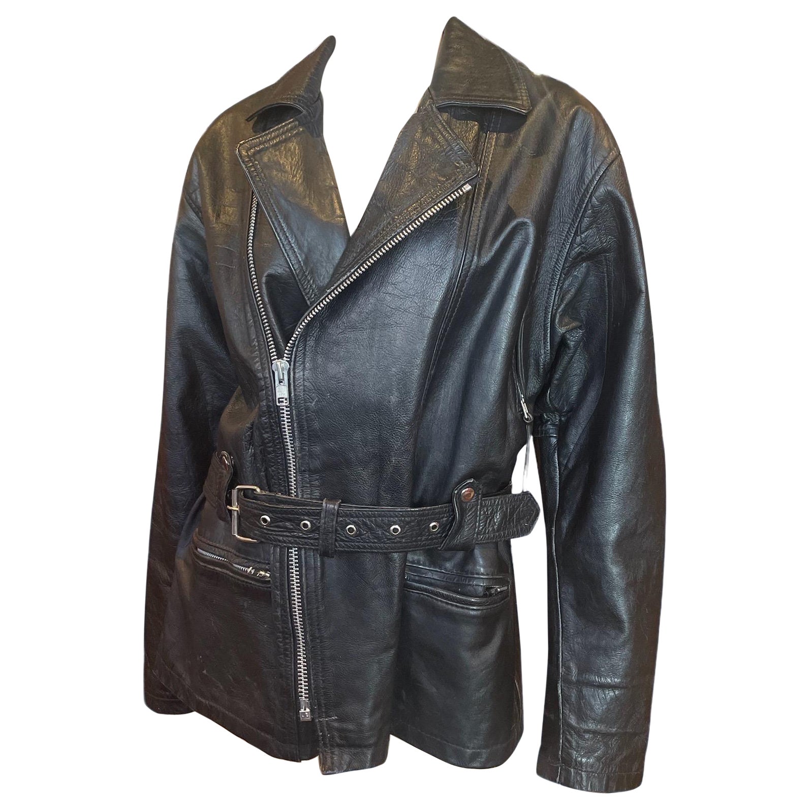 Veste de moto en cuir noir des années 1980  en vente