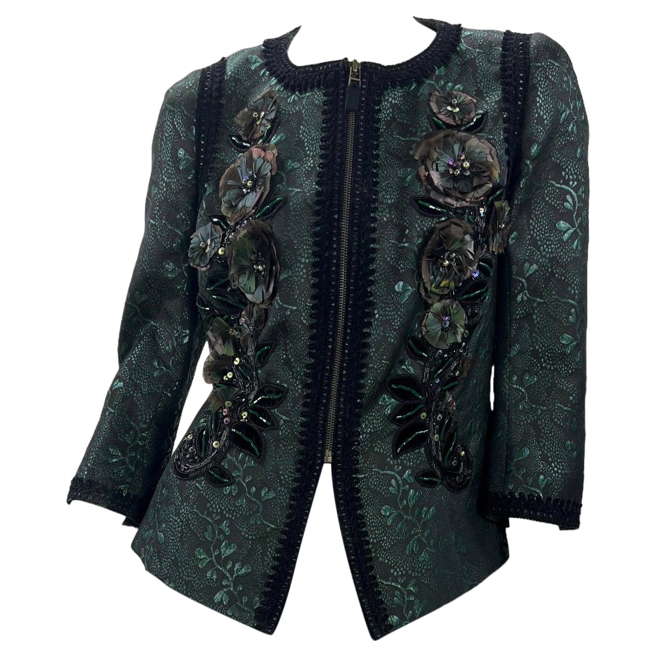 Andrew Gn Beaded & Feather Embellished Emerald Green Evening Blazer Jacket Fr 44 For Sale