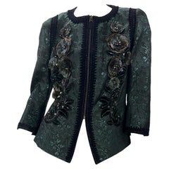 Andrew Gn Beaded & Feather Embellished Emerald Green Evening Blazer Jacket Fr 44