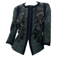 Andrew Gn Beaded & Feather Embellished Emerald Green Evening Blazer Jacket Fr 44