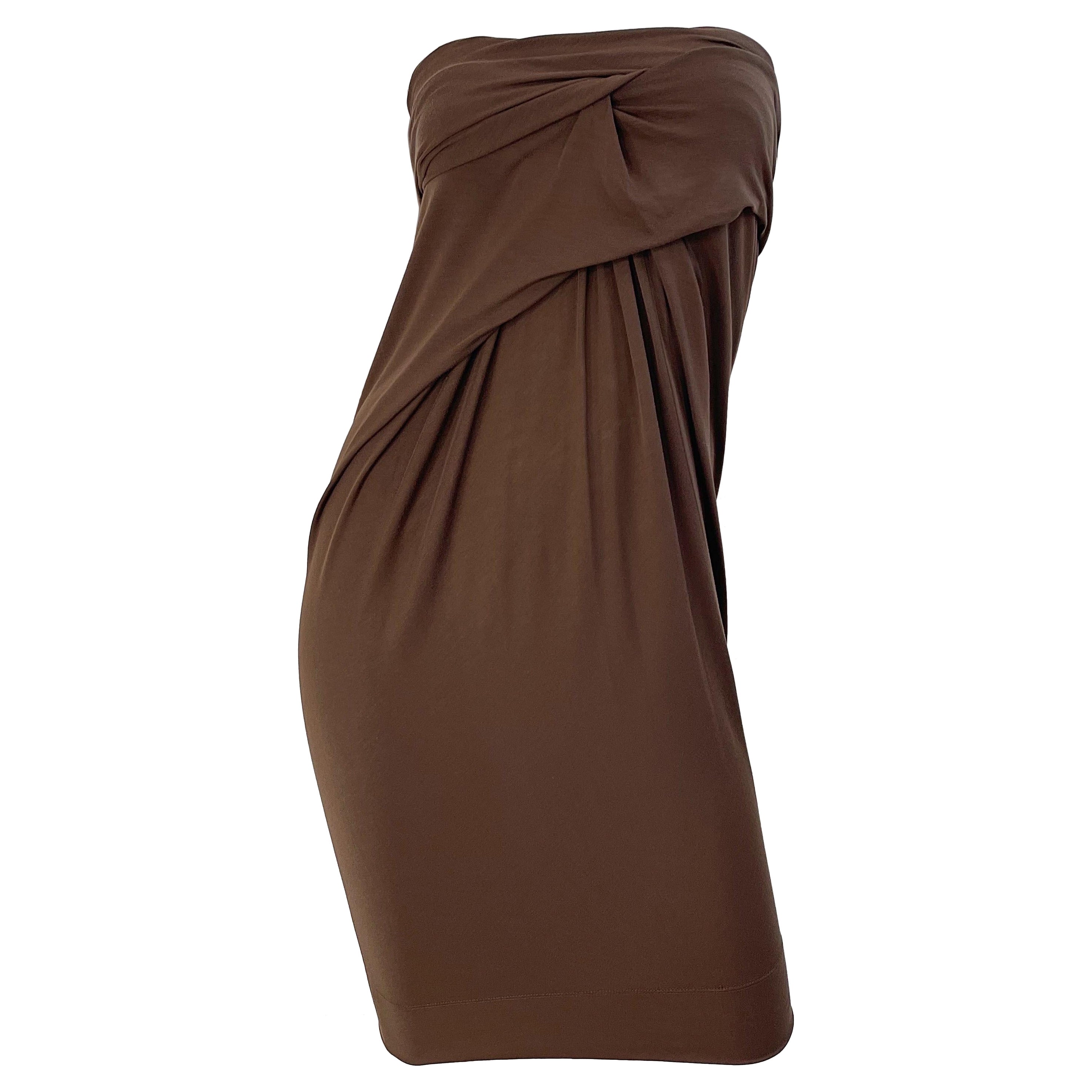 Donna Karan Colletion Y2K Chocolate Brown Strapless Rayon Spandex Vintage Dress en vente