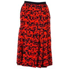 Vintage Chanel Boutique Red Black Silk Abstract Printed Skirt