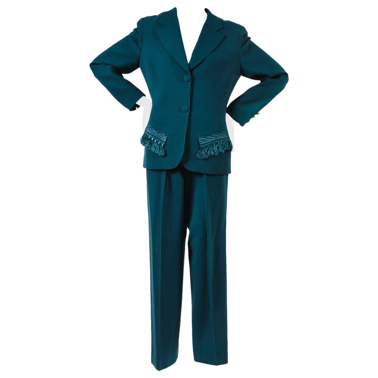 Vintage Christian Dior Forest Green Worsted Wool Fringe Trim Pants Suit Size 8 For Sale