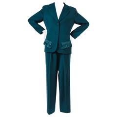 Vintage Christian Dior Forest Green Worsted Wool Fringe Trim Pants Suit Size 8