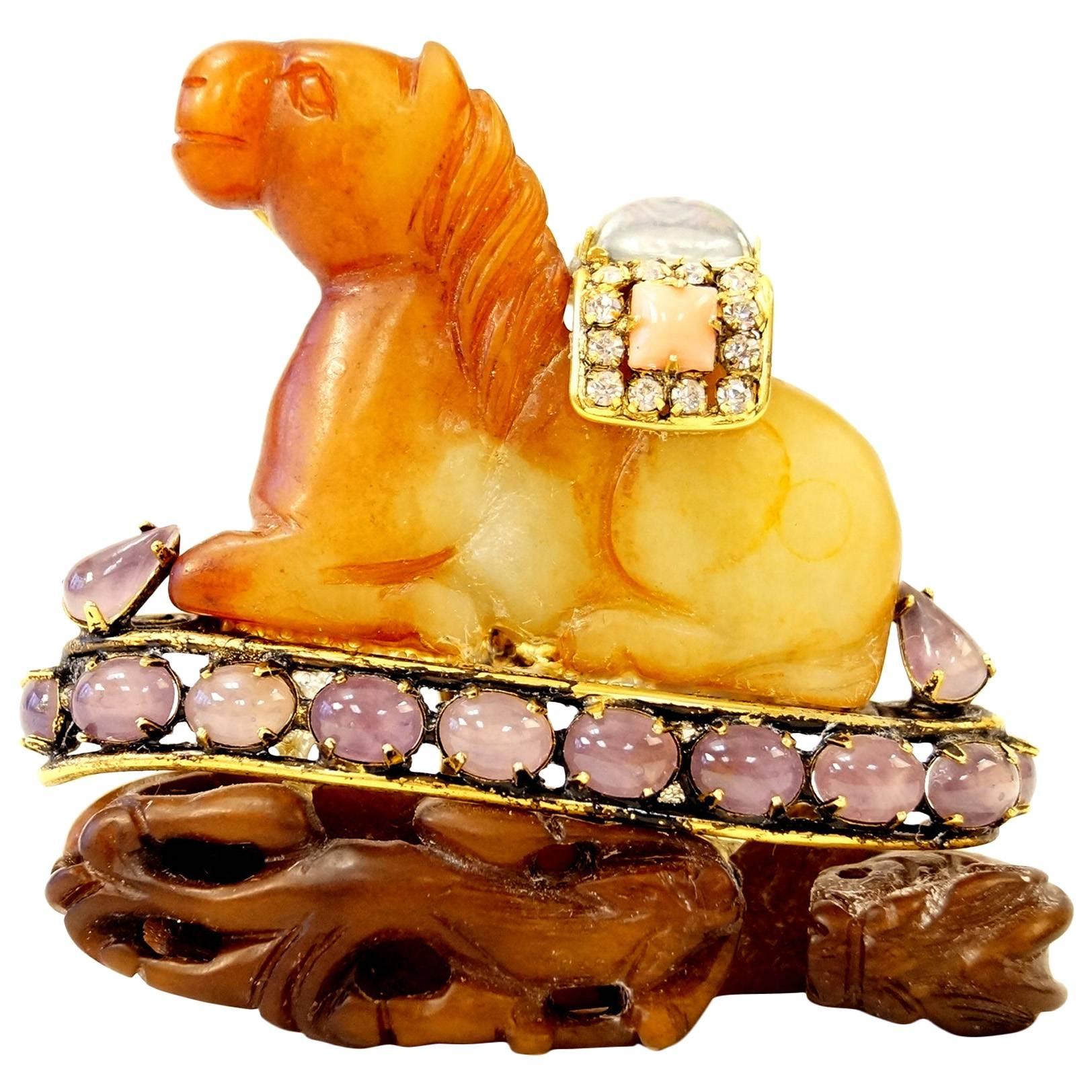Iradj Moini Antique Agate and Jeweled Horse Brooch For Sale