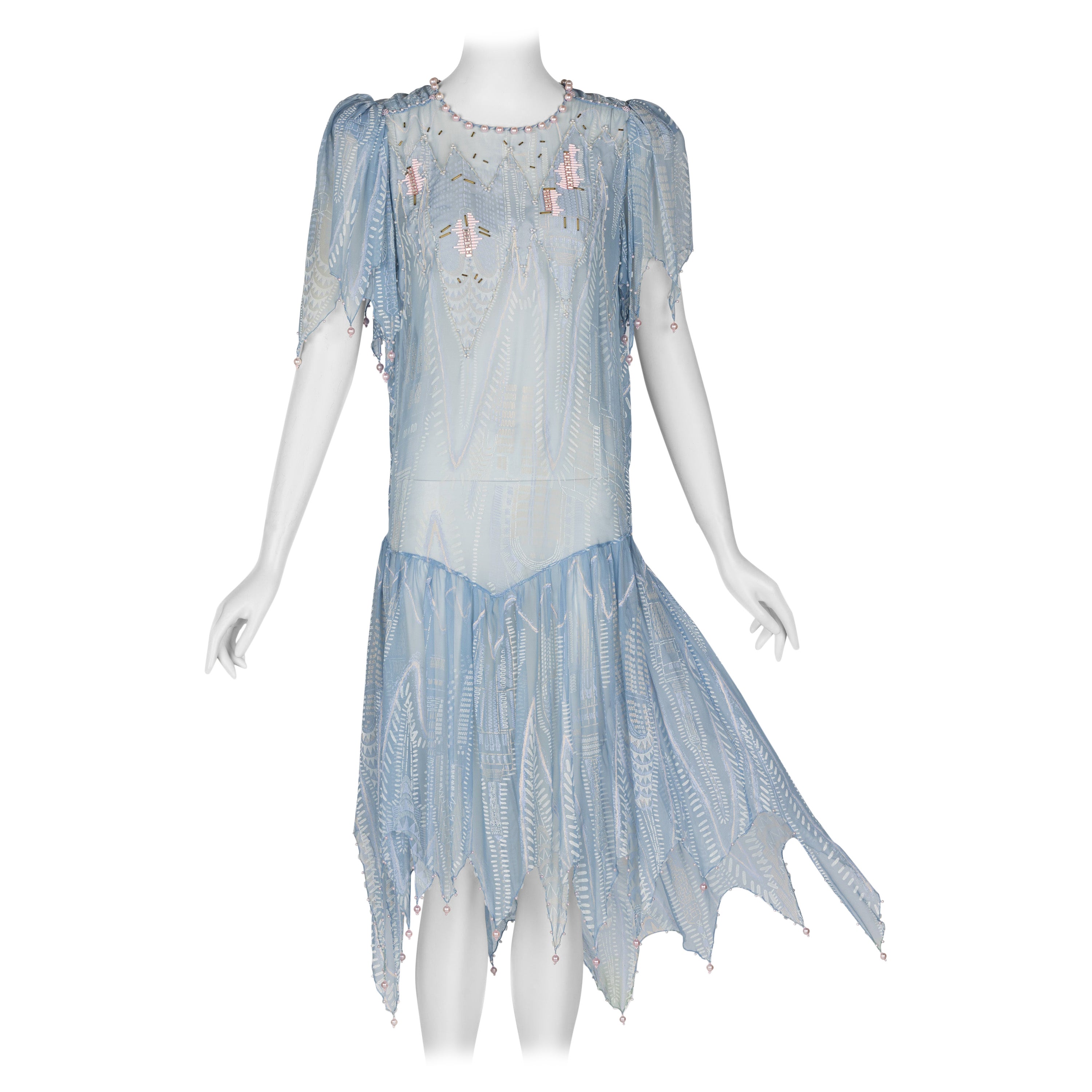 Zandra Rhodes Light Blue Hand Printed Sheer Silk Pearl Beaded Dress Museum Piece For Sale