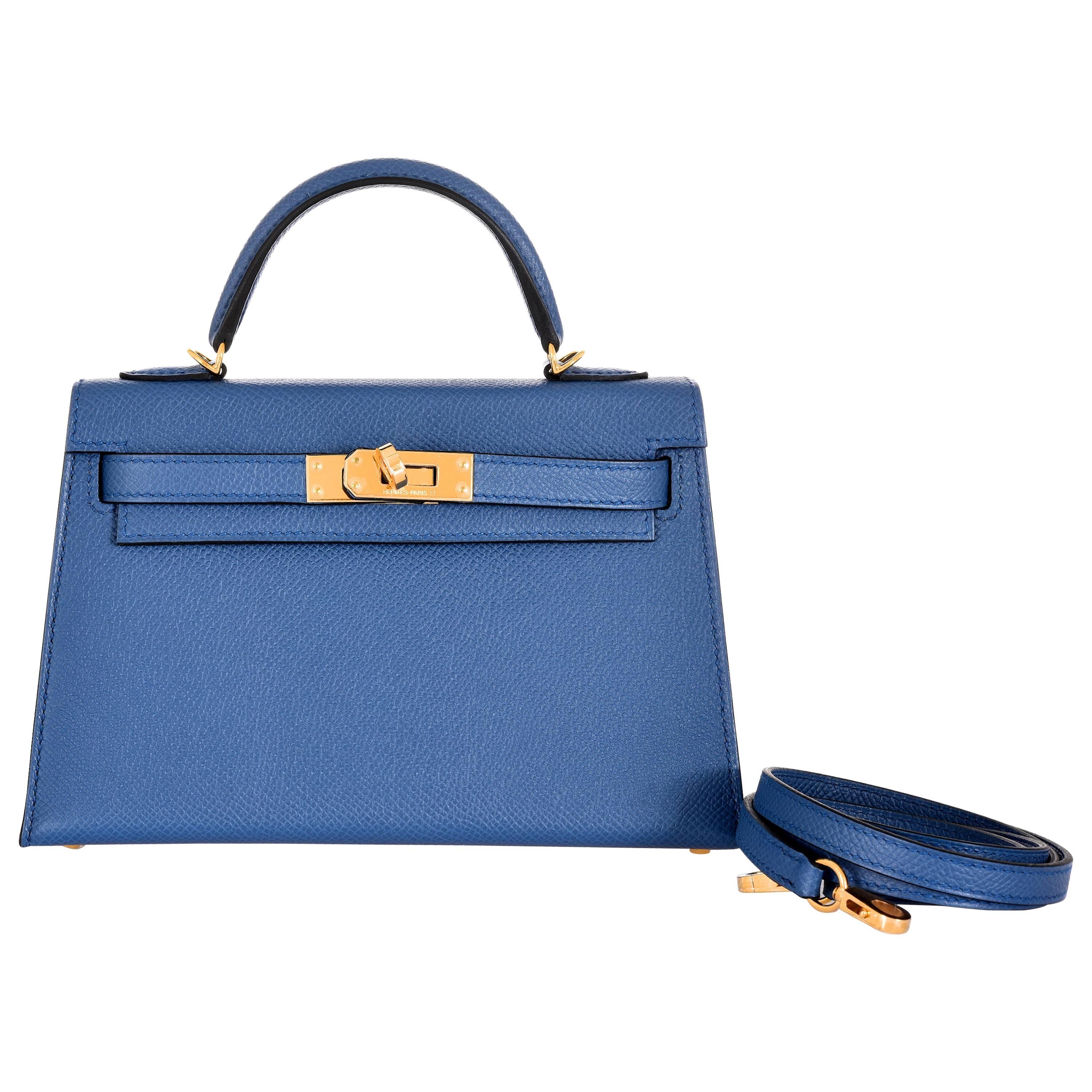 Limited Edition Hermes 20cm Blue Agate Epsom Mini Sellier Kelly Bag Gold