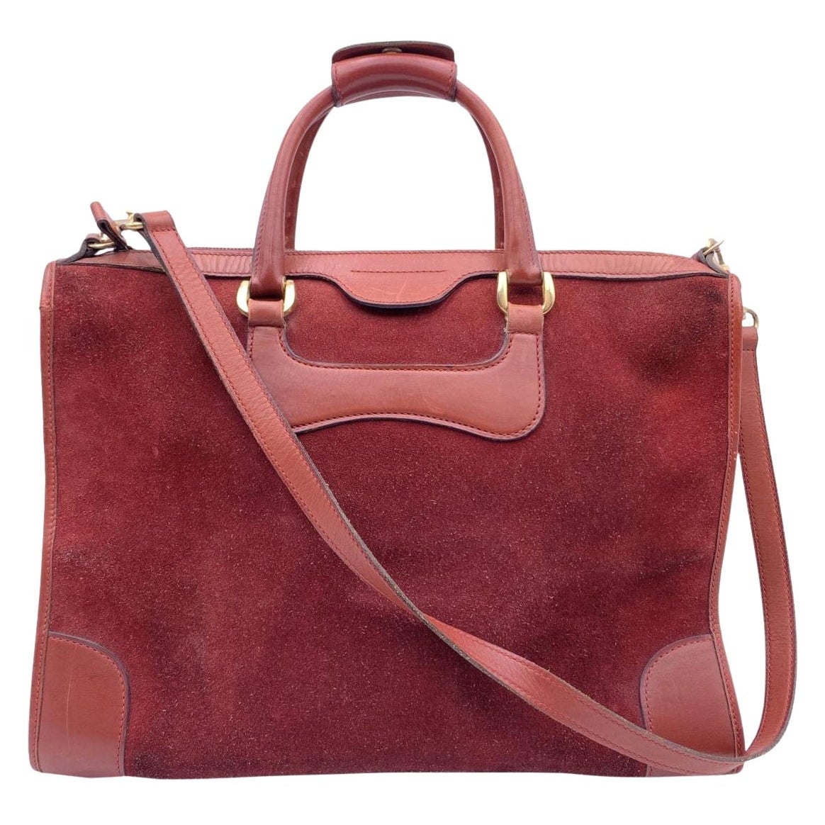 Gucci Vintage Burgundy Suede and Leather Tote Satchel with Strap For Sale