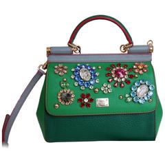 Dolce & Gabbana Miss Sicily Green Leather Embellished Bag