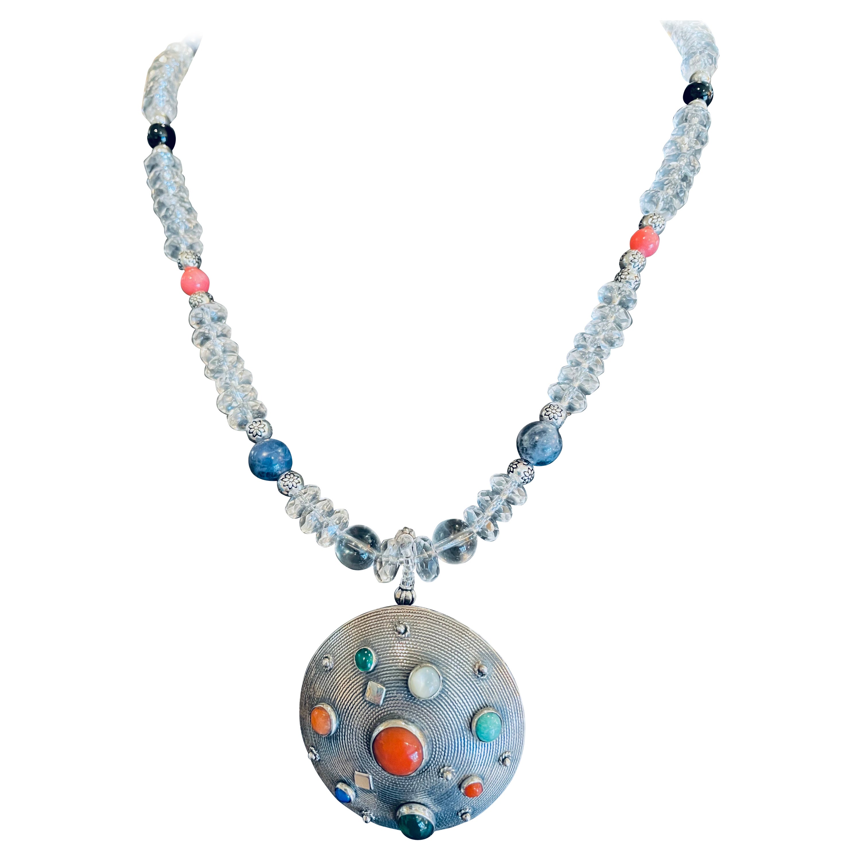 LB offers 70’s Sterling Silver Modern Gem encrusted pendant crystal necklace For Sale