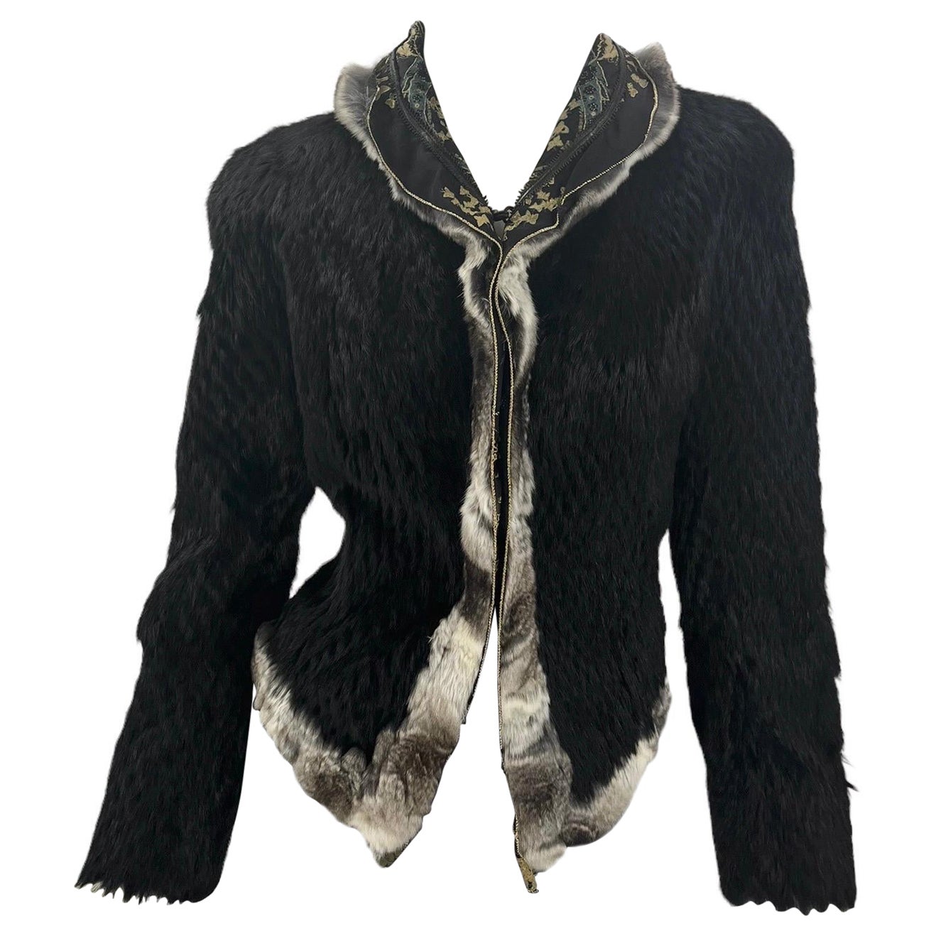 2004 Vintage Roberto Cavalli Black Lapin & Chinchilla Fur Silk Corset Jacket For Sale