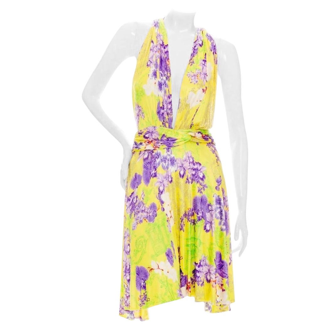 Versace 2004 Yellow Slinky Floral-Print Halter Dress For Sale
