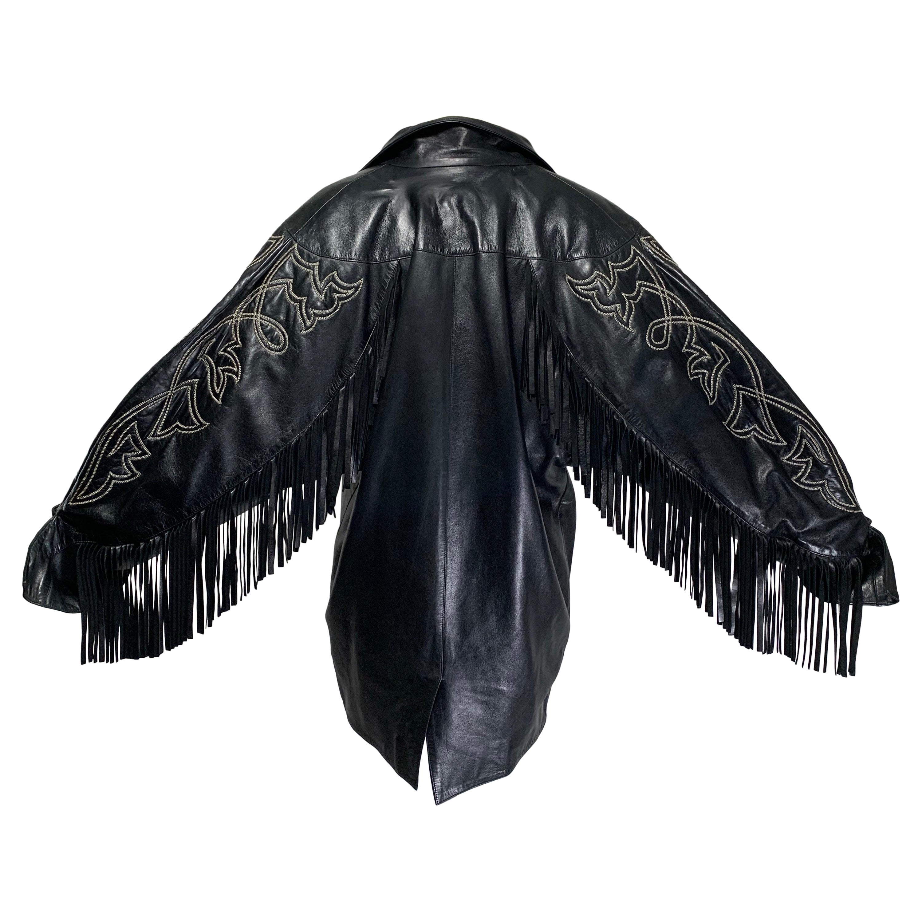 1980s Claude Montana Black Leather Fringed Dolman Jacket w Western Stitching   For Sale