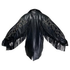 Retro 1980s Claude Montana Black Leather Fringed Dolman Jacket w Western Stitching  