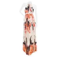 Used Roberto Cavalli Off White Silk Feather-Print Halter-Neck Maxi Dress