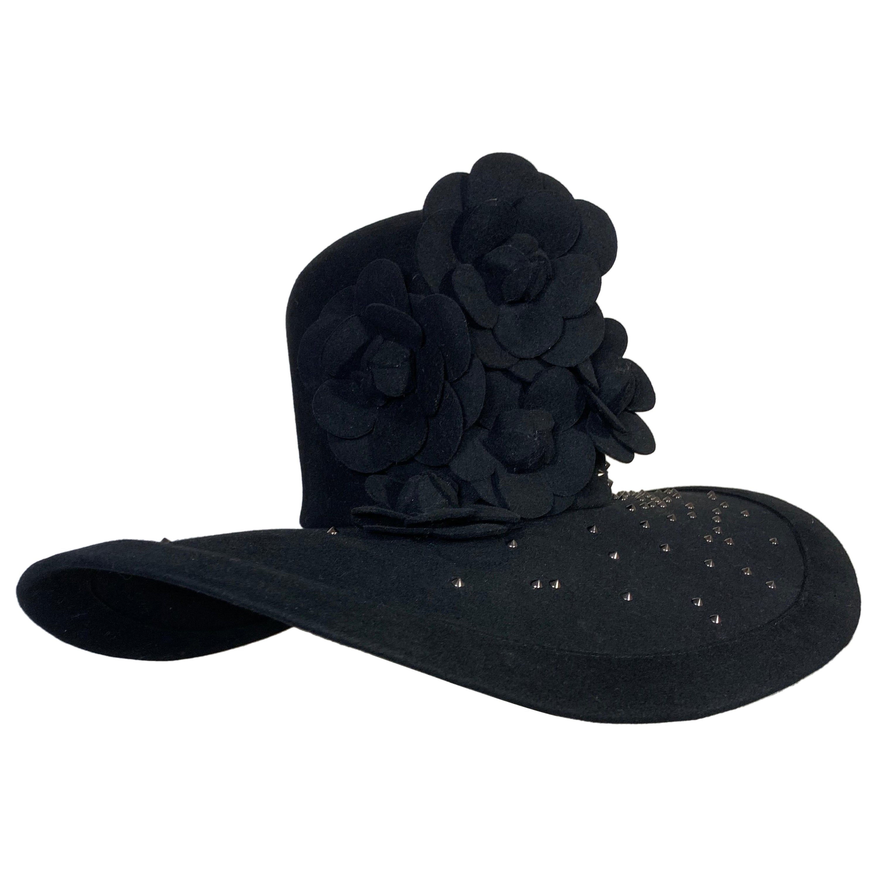 Maison Michel Black Large Brimmed Felt High Crown Hat w Studs & Camellia Flowers For Sale
