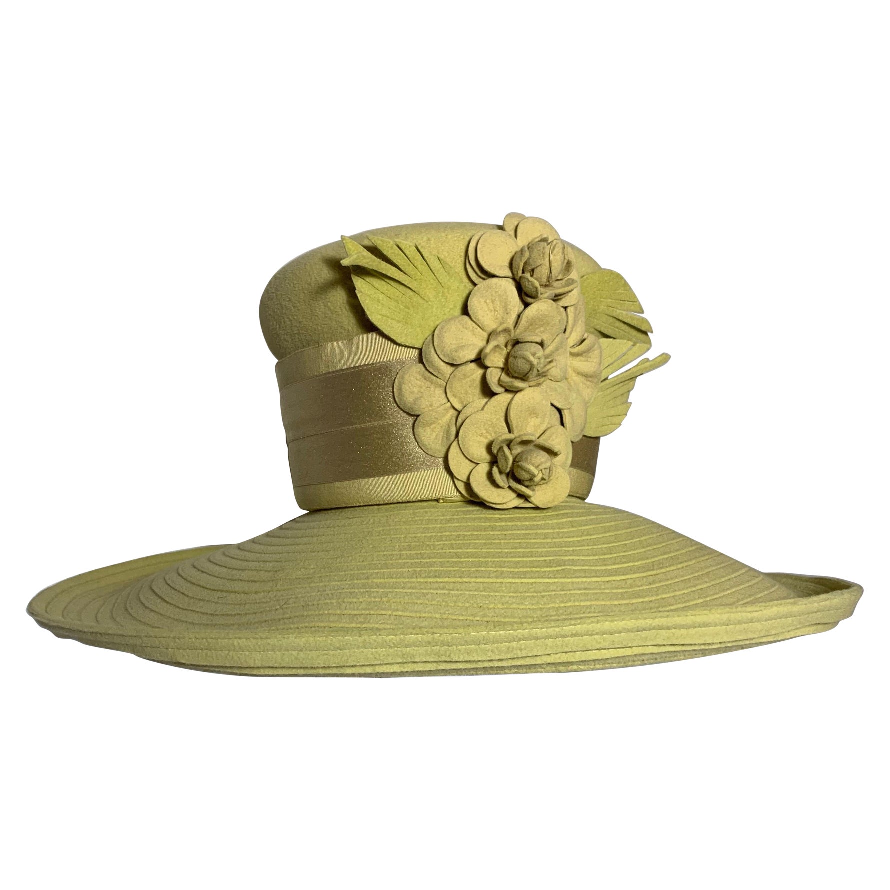 Maison Michel Citrine Wool Felt Large-Brim Hat w Camellias & Ribbon Band  For Sale
