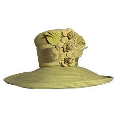 Maison Michel Citrine Wool Felt Large-Brim Hat w Camellias & Ribbon Band 