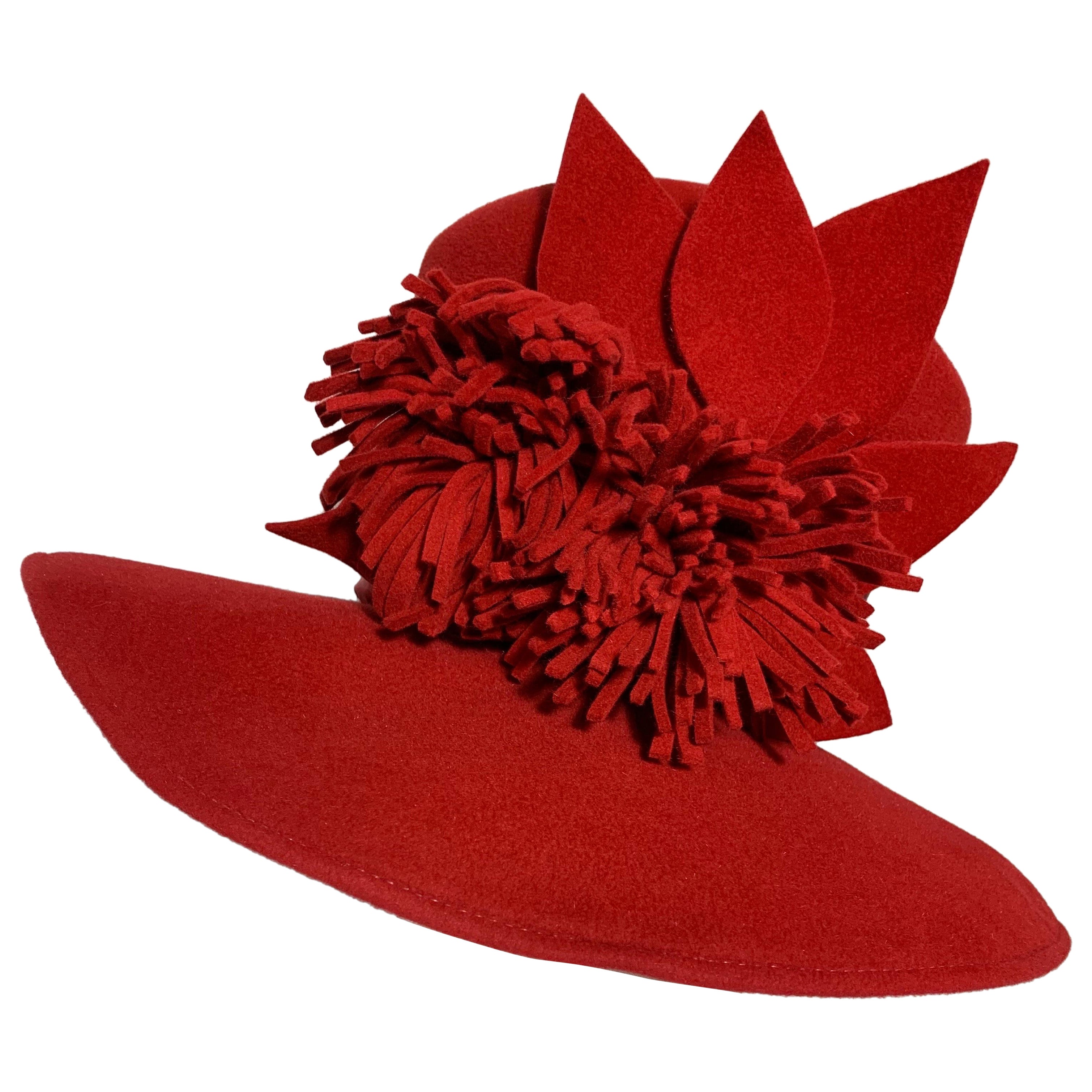 Maison Michel Scarlet Red Wool Felt Wide Brim Hat w Fringe Flower & Leaves  For Sale