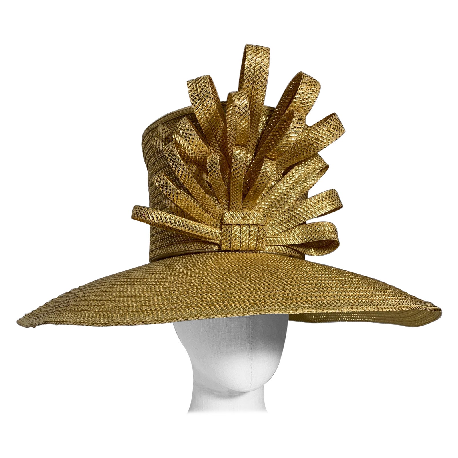 Custom Made Gleaming Gold Large Brimmed Straw Hat w High Crown & Straw Cockade For Sale