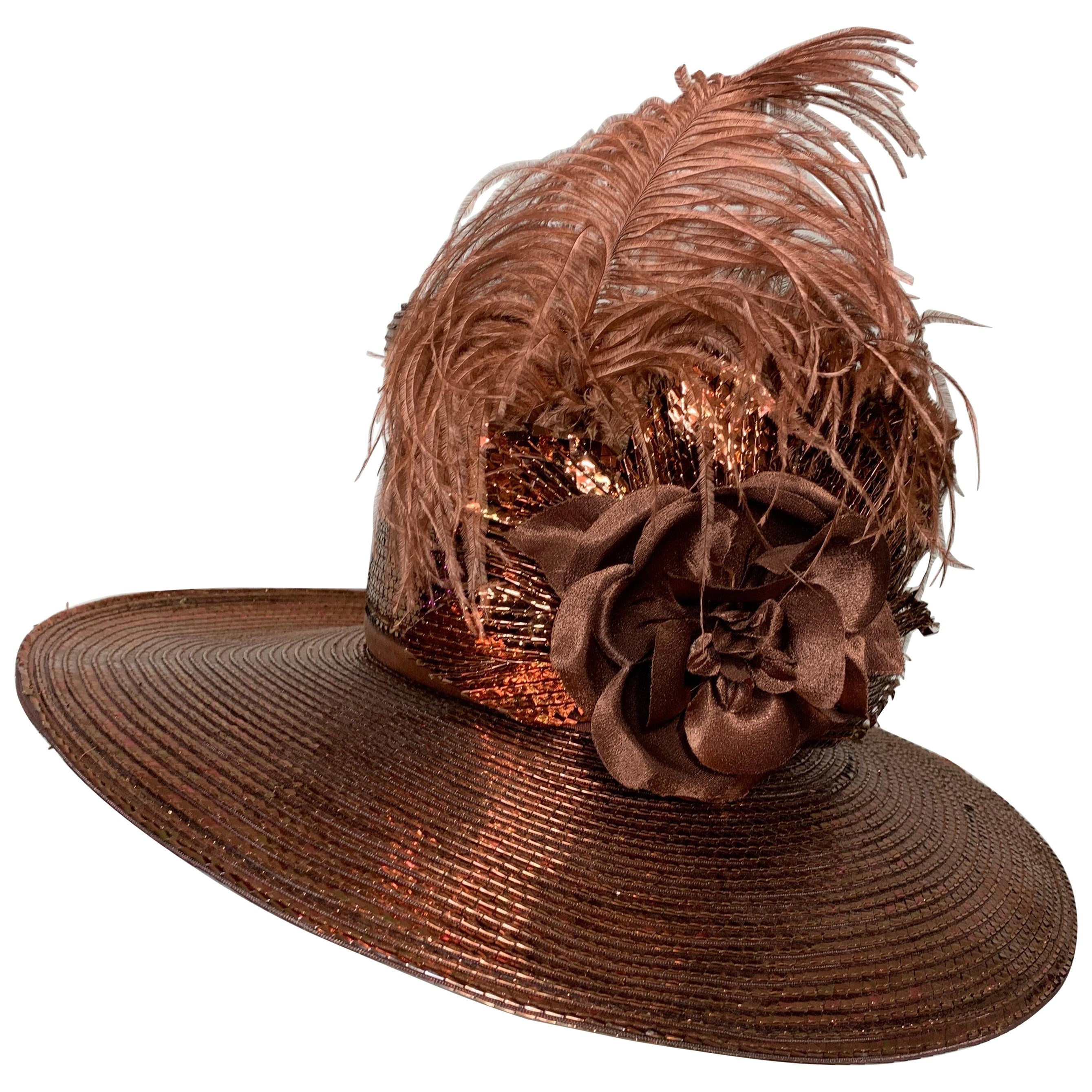 Custom Made Copper Straw Medium Brim Hat w Tall Crown Feathers & Silk Flowers  For Sale